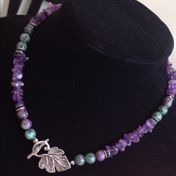 PeaceFrog Jewelry - Amethyst and Ruby Zoisite Grape Leaf Necklace